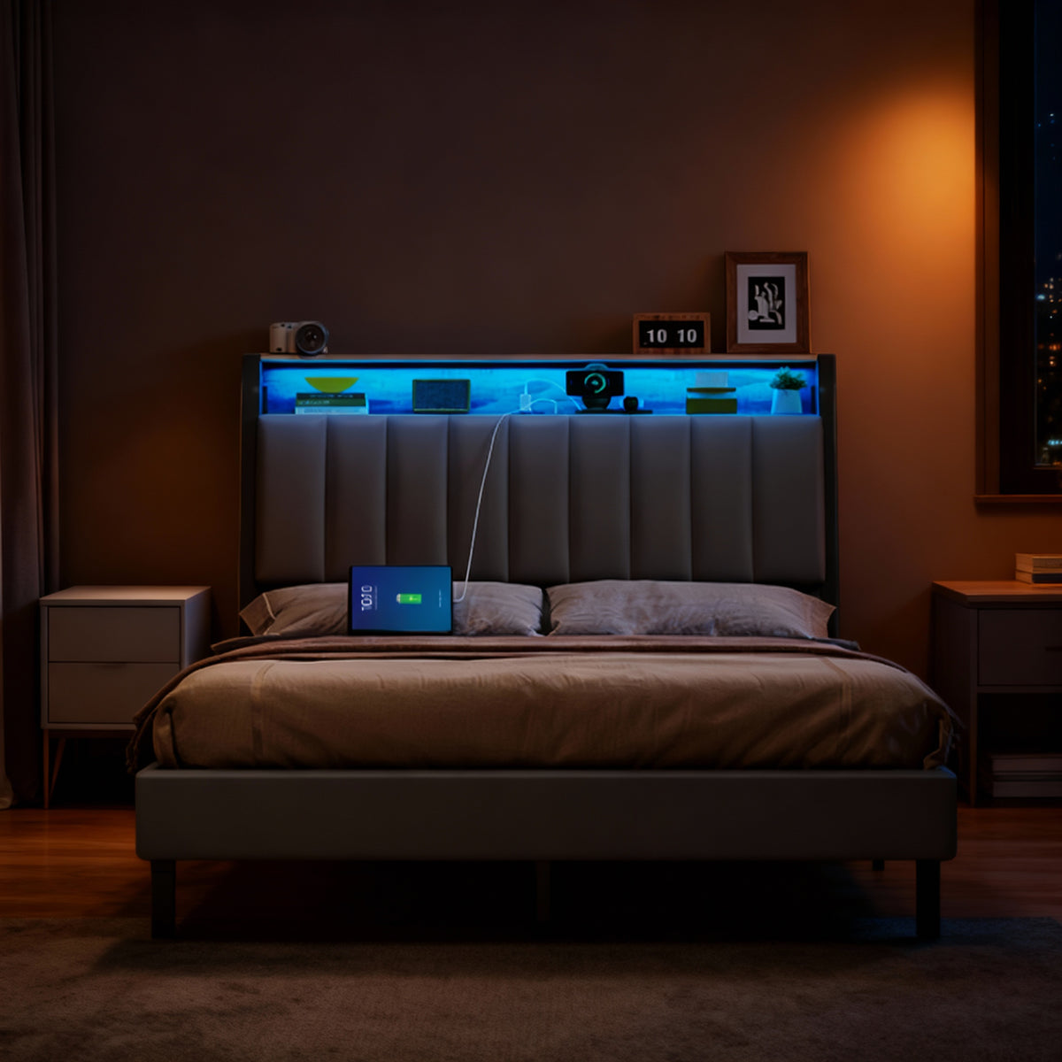 LED Full Bed Frame with Storage Headboard and Charging Station, 2 AC Outlets, USB & Type-C Ports, Dove Gray and Camel Brown