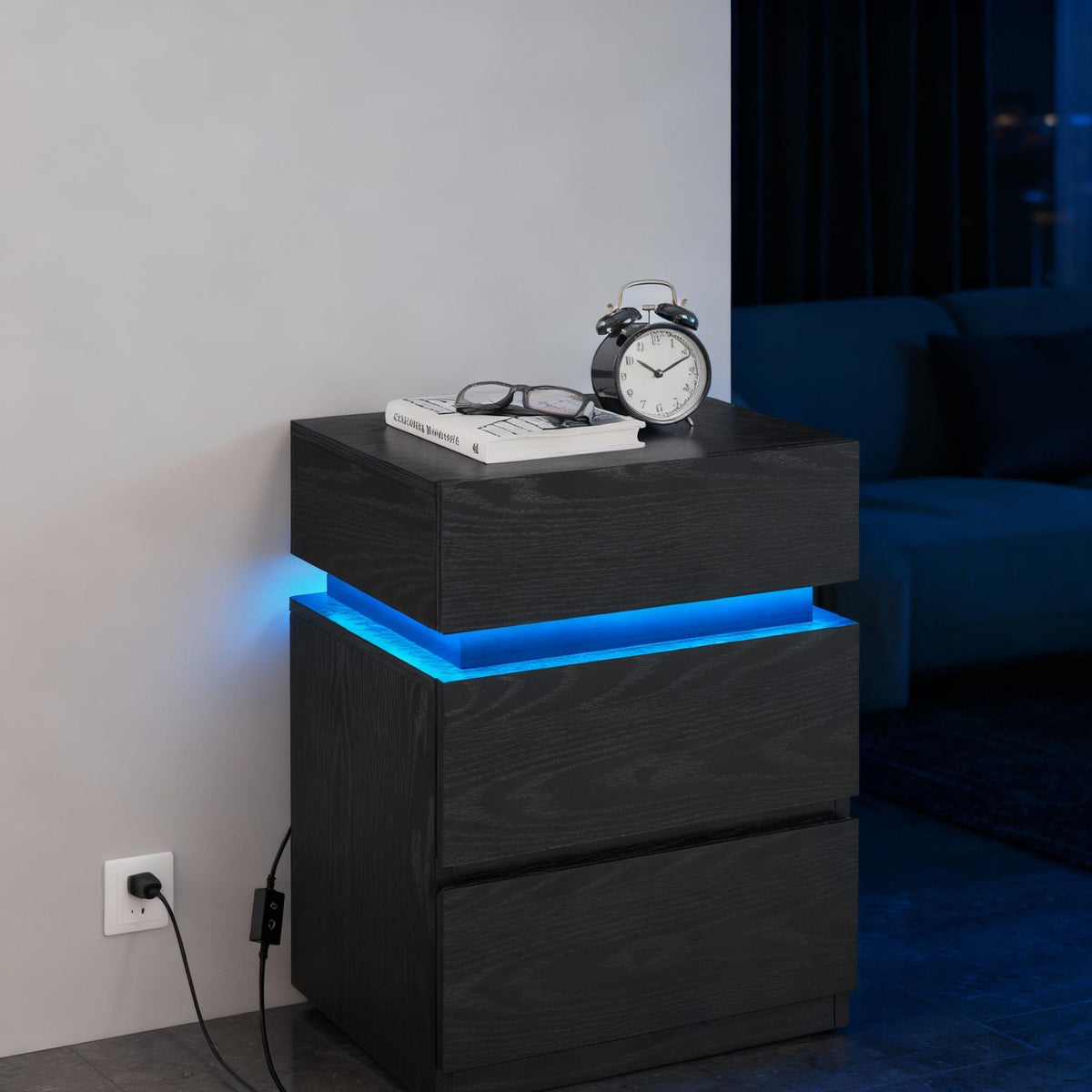 LED Nightstand with 3 Drawers, Adjustable RGB Light Colors and Modes, Modern Bedside Table with Large Storage and Remote, Side Table, Ebony Black