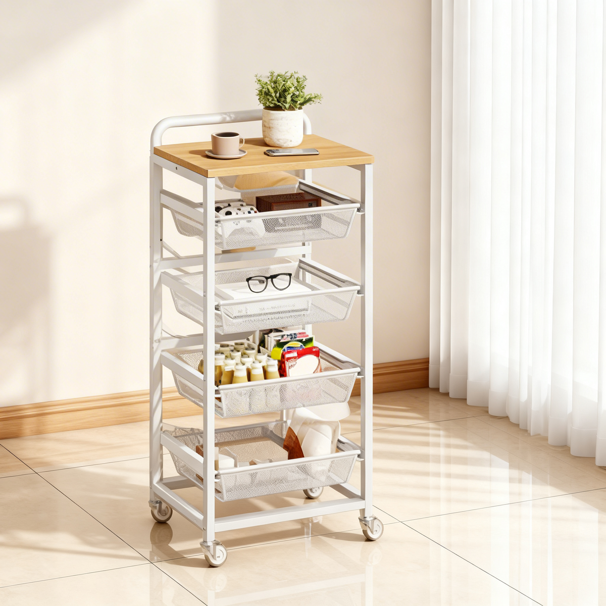 5-Tier Rolling Kitchen Cart with Pull-Out Baskets, Utility Storage Cart with Wheels & Handle, for Snacks, 37.4 x 15.8 x 12.5 Inches, Golden Oak and Matte White