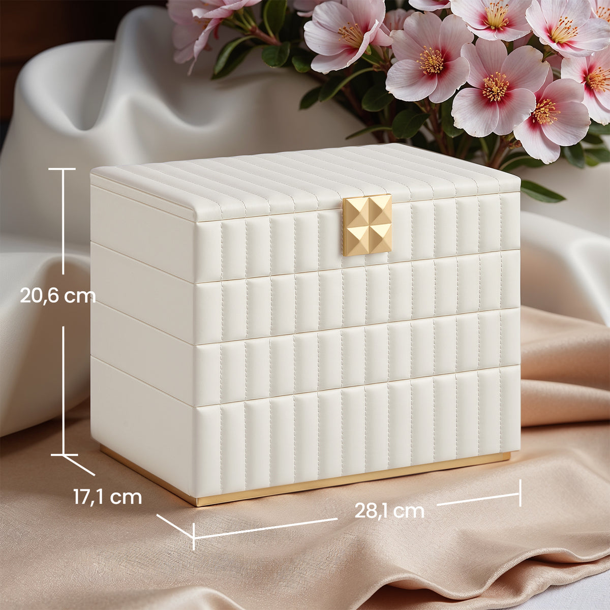 4-Tier Stackable Jewelry Organizer with Mirror and PU Surface, Velvet Lined Storage, Floating Base, Cloud White