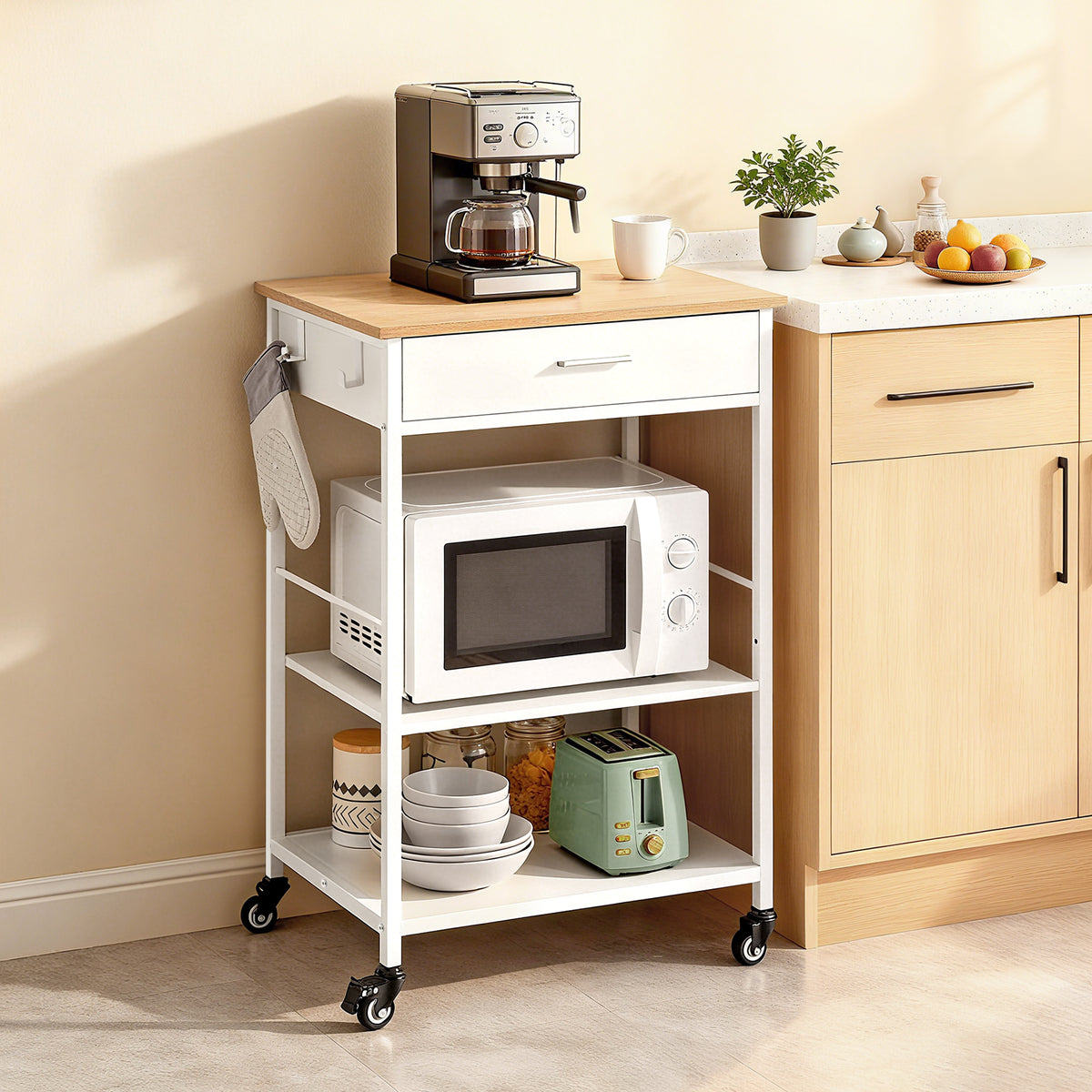Kitchen Rolling Island Cart with Drawer, Adjustable Shelf, Hooks, and Wheels, Mobile Kitchen Storage and Prep Table, Oak Beige and Matte White