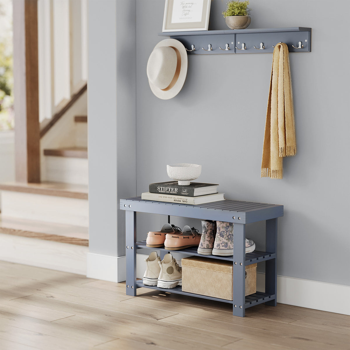 3-Tier Bamboo Shoe Rack Bench, Entryway Storage Organizer with 286 lb Capacity, 27.6 Inch, Grey