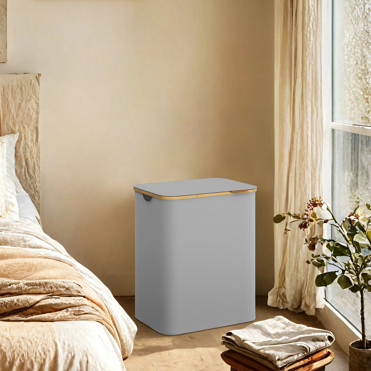 34.3-Gallon 2-Section Laundry Hamper with Removable Mesh Liners, Collapsible Frame & Bamboo Handles, Dove Gray