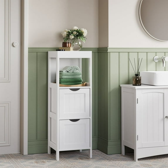 Corner Bathroom Cabinet with 2 Drawers & Open Shelf