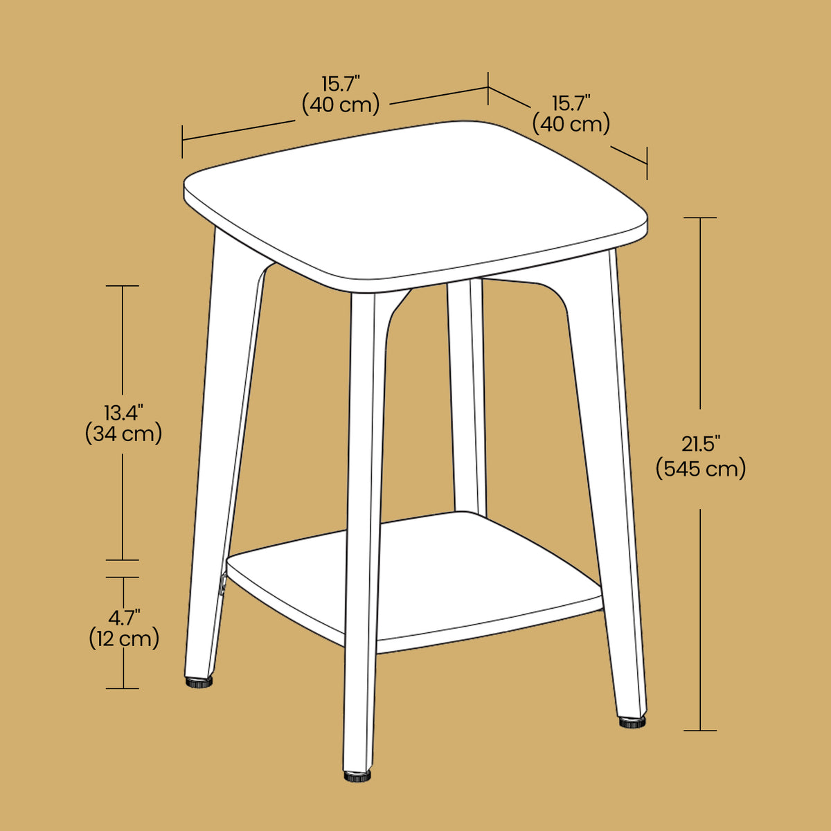 Modern Square Side Table with Lower Shelf, 2-Tier Space-Saving End Table, Nightstand, 15.7" Compact Accent Table, Cloud White