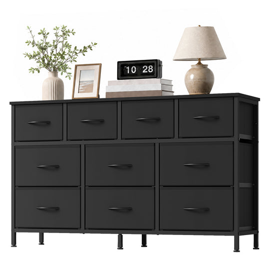 10-Drawer Dresser with Steel Frame, TV Stand for 55" Screens, Storage Chest for Bedroom Living Room, Ink Black