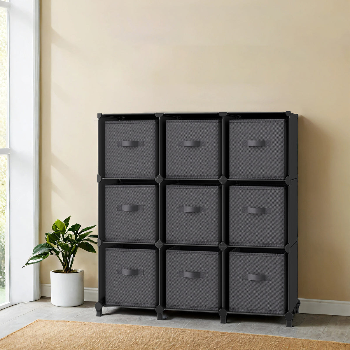 Cube Storage Organizer Set with 9 Collapsible Bins, Modular 9-Cube Shelf Unit, Expandable, Space-Saving, Bedroom, Ink Black and Dove Gray