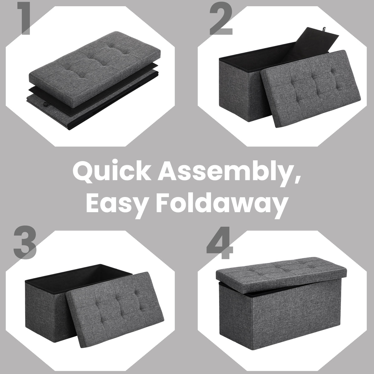 30" Foldable Storage Ottoman Bench, 660lb Capacity, 3-in-1 Multi-Functional, Removable Divider, Dark Gray