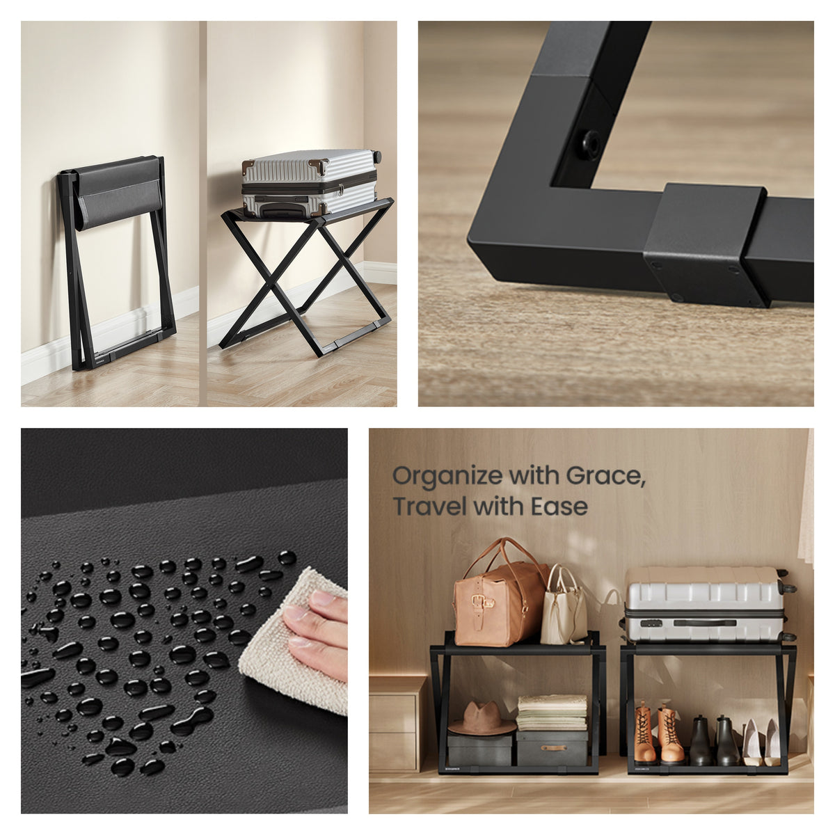 Luggage Rack, Foldable Steel Suitcase Stand for Guest Room, 27.4 x 17.4 x 19.7 Inches, Black