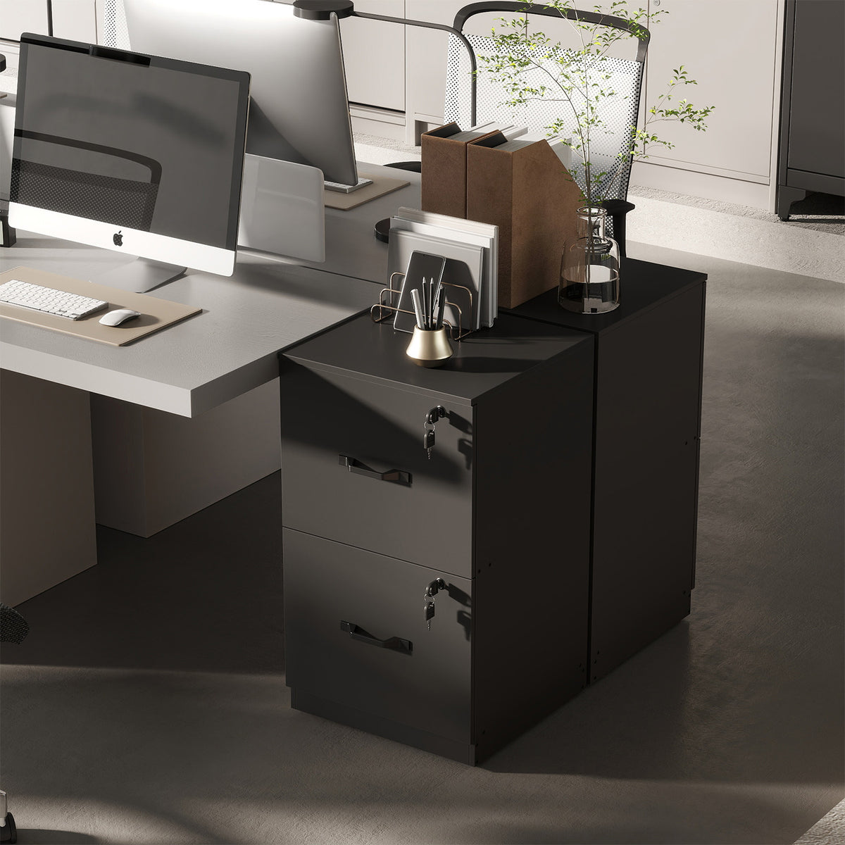 LEDREM 2-Drawer File Cabinet with Lock, Printer Stand & Office Organizer, for A4 & Letter Size Documents, Ink Black