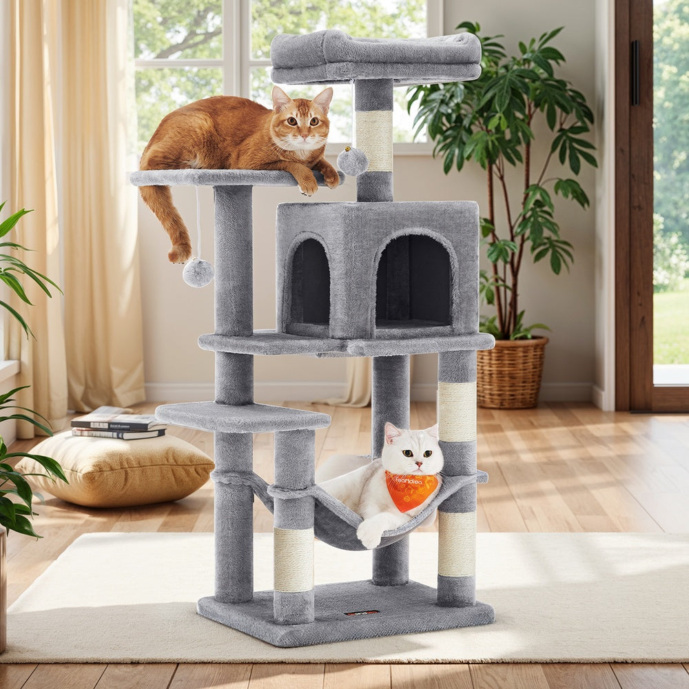 44.1-Inch Multi-Level Cat Tree with Hammock, 2 Perches & Cave, 4 Scratching Posts & Pompoms for Indoor Cats, Light Gray