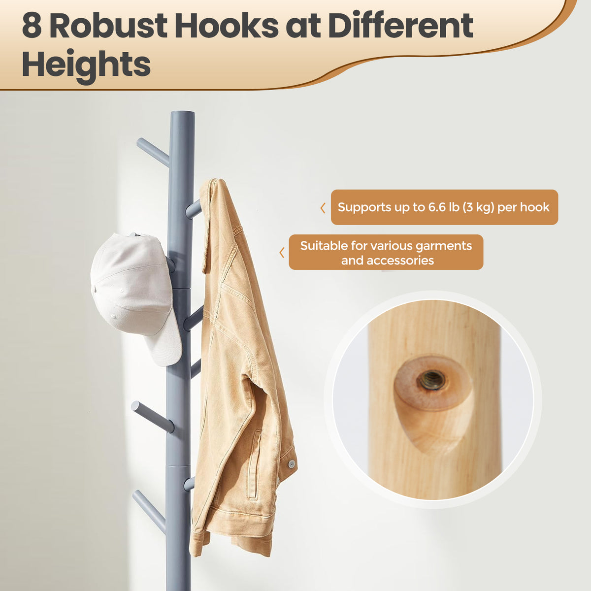 Tree-Shaped Free Standing Coat Rack, Solid Wood with 8 Hooks, Adjustable 3-Section Height (68.9"), Triangular Base for Stability, Holds 53 lb, for Hallway,Bedroom,Office, Gray