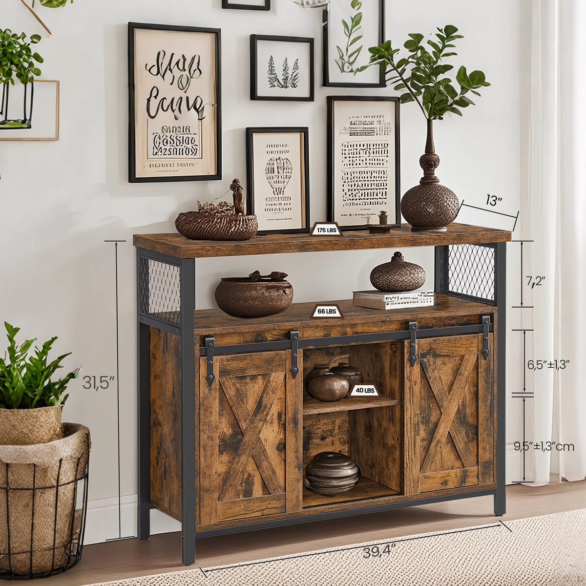 Industrial Coffee Bar Cabinet - 39.4" Sideboard with 2 Sliding Barn Doors & Adjustable Shelves, Rustic Brown and Black