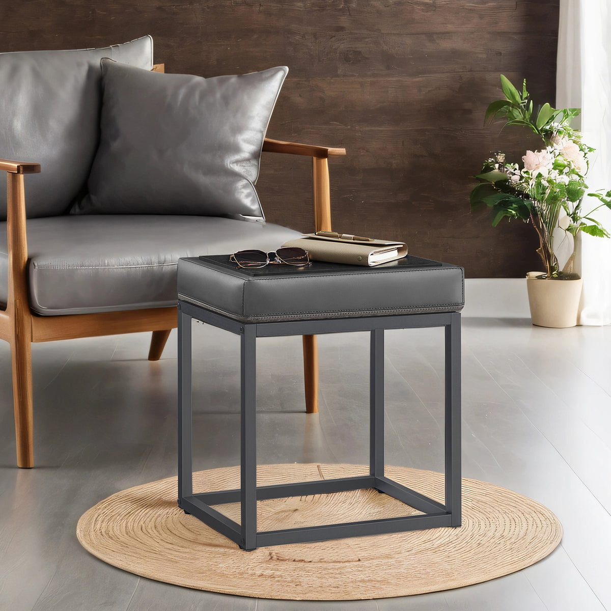 Rectangular Ottoman Footstool with Reversible Top, Vanity Chair and Side Table, Max Load 660 lb for Living Room and Bedroom, Dove Gray