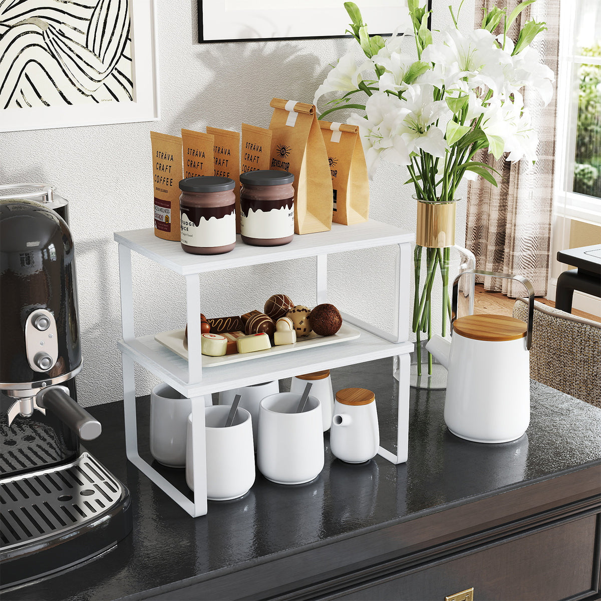 Kitchen Cabinet Organizer Shelf Set, 2-Tier Stackable & Expandable Storage Rack, Countertop Spice Holder, for Pantry，Bathroom，Office, White