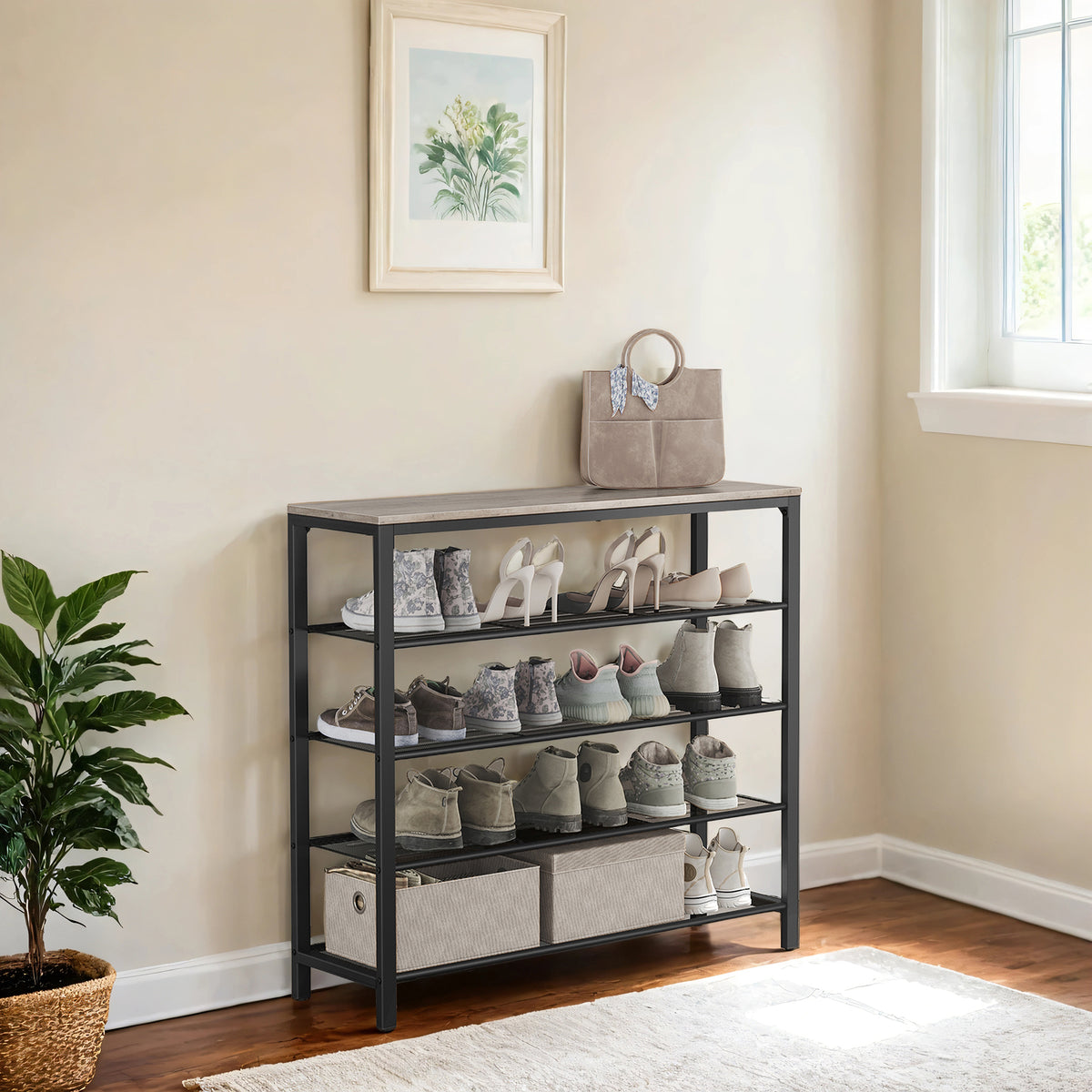 INDESTIC 5-Tier Shoe Rack, Heavy-Duty Steel Frame with 4 Mesh Shelves & Large Top for Shoes，Bags, Entryway Organizer, Adjustable Feet, Greige，Black
