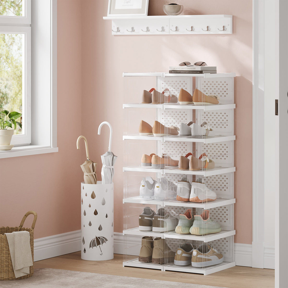 Foldable Shoe Storage Boxes - Pack of 12 Stackable Organizers with Clear Doors, Ventilated Design for US Size 13, Transparent and Cloud White