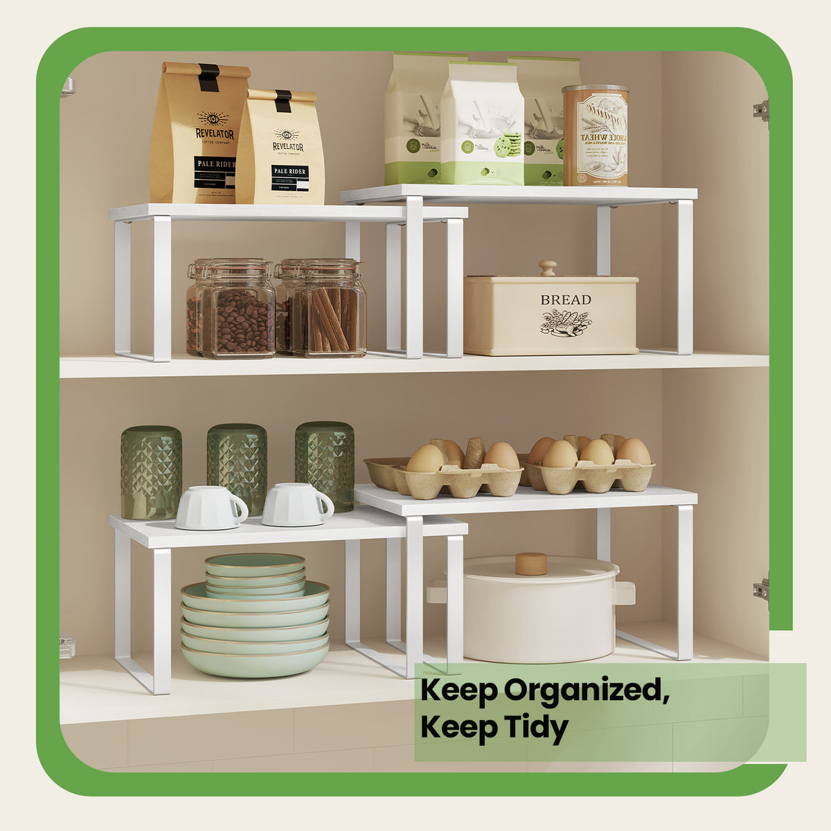 Kitchen Cabinet Organizer Shelf Set, 2-Tier Stackable & Expandable Storage Rack, Countertop Spice Holder, for Pantry，Bathroom，Office, White