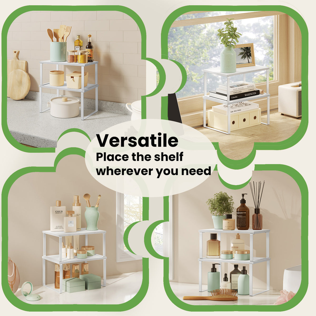Kitchen Cabinet Organizer Shelf Set, 2-Tier Stackable & Expandable Storage Rack, Countertop Spice Holder, for Pantry，Bathroom，Office, White