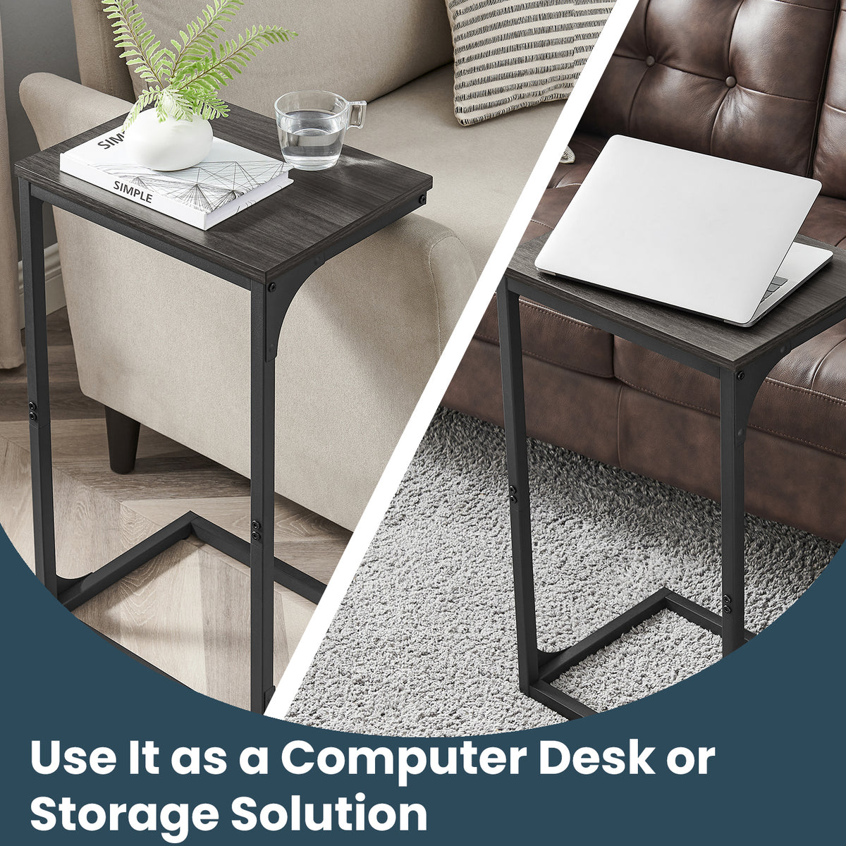 C-Shaped End Table - Sofa Side Table with Metal Frame, Space-Saving Design, 26.3" Height, Ebonized Oak and Black