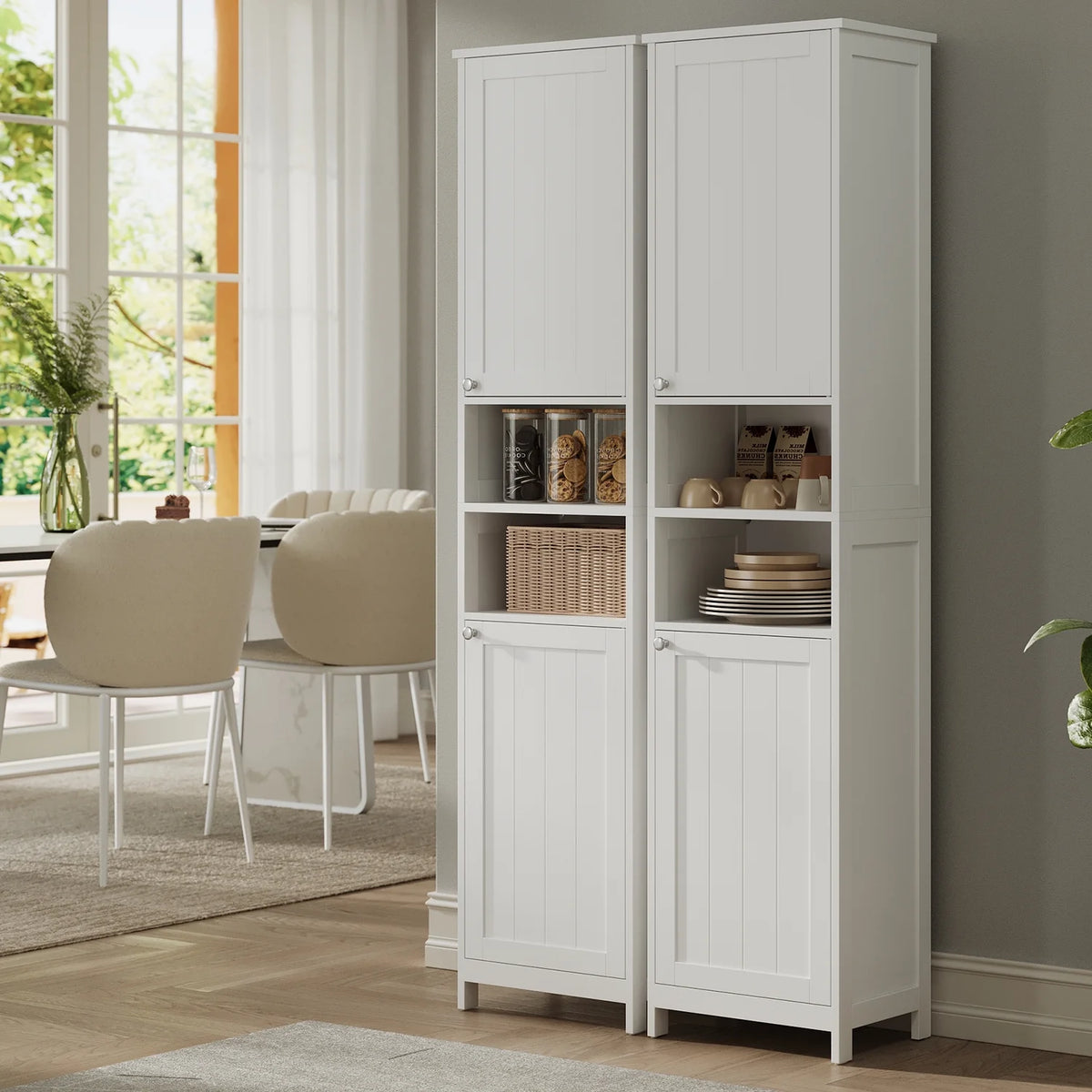 Freestanding Bathroom Storage Cabinet with Door-Activated Lights, Adjustable Shelves, Space-Saving Design, Left/Right Door Options, Cloud White