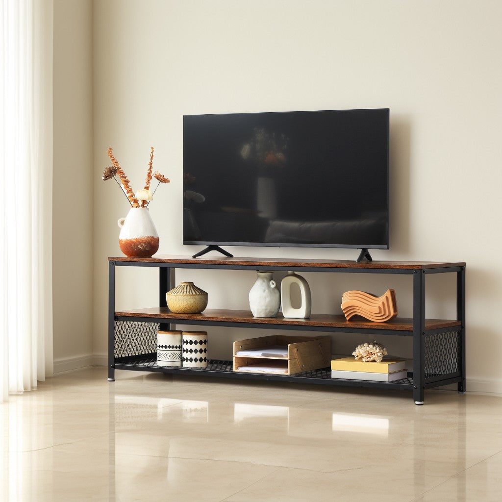 60-Inch TV Stand & Coffee Table, 2-Shelf Media Console with Steel Frame, 66 lb Capacity, Rustic Brown