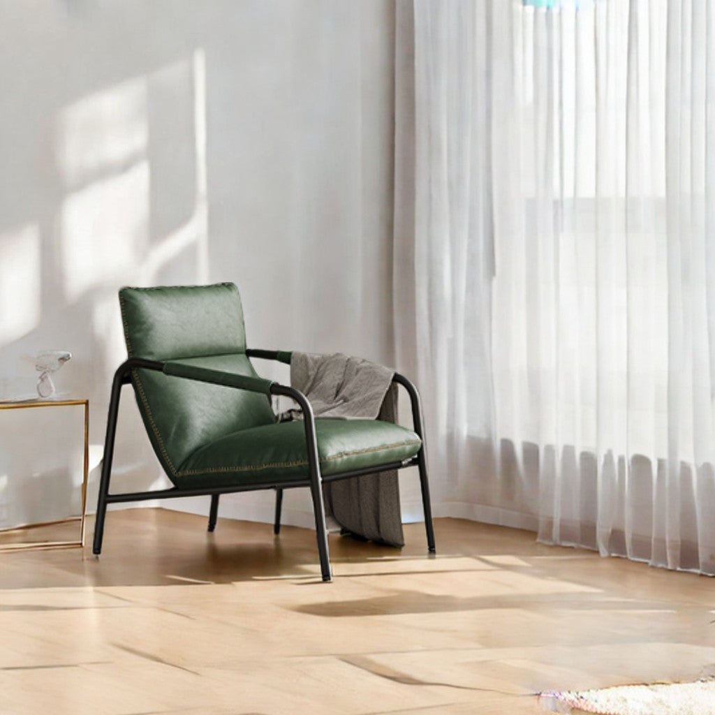 Mid-Century Modern Accent Chair, 300 lb Capacity Sling Armchair with Steel Frame, Synthetic Leather Upholstery, Forest Green