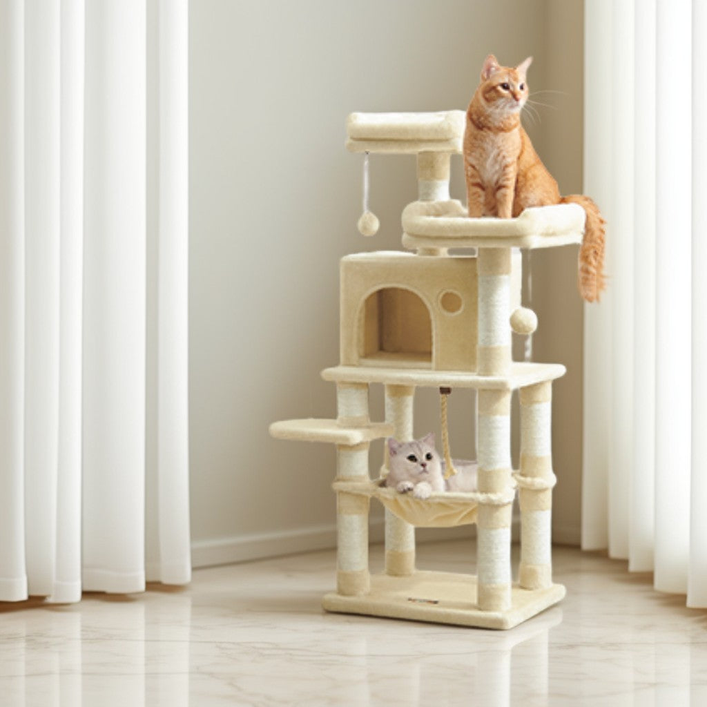 44-Inch Cat Tree Tower for Indoor Cats, Multi-Level Condo with 11 Scratching Posts, Cave, Hammock, Perches, Beige