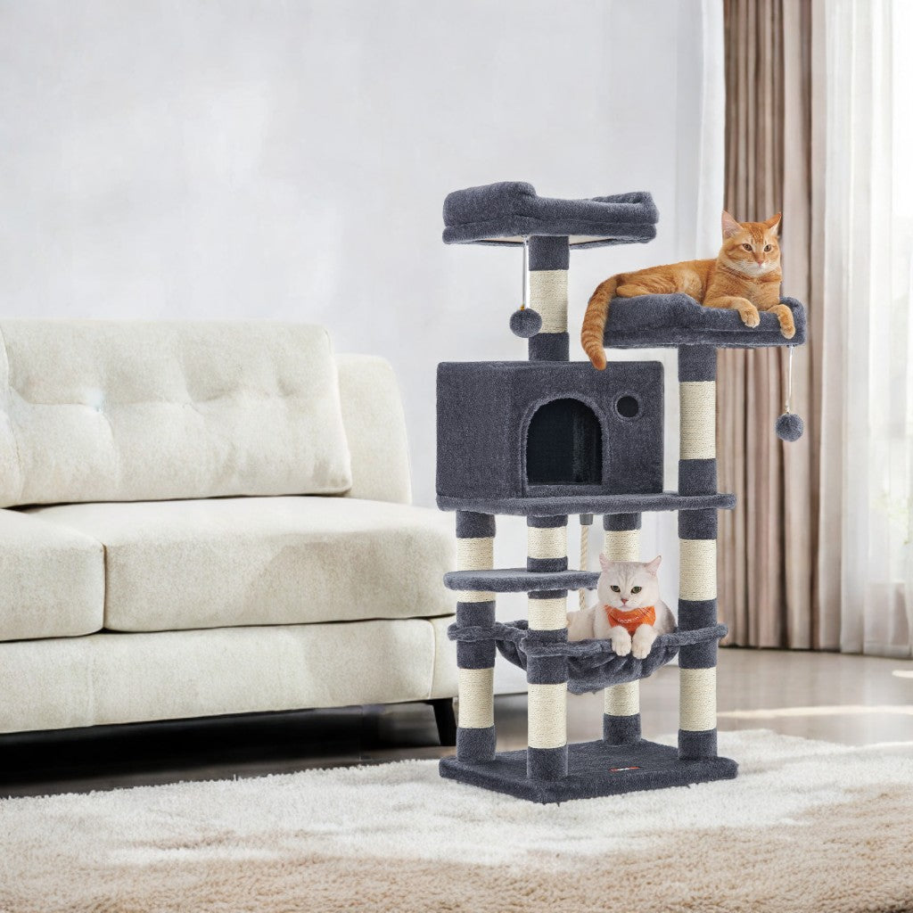 Multi-Level Cat Tower with 11 Scratching Posts, 2 Perches, Cave & Hammock, 44.1-Inch Height, Stable Steel Frame, Smoky Gray