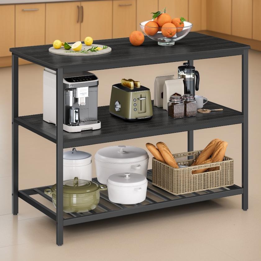Kitchen Island with 3 Shelves, Large Worktop and Industrial Steel Frame, Multi-Purpose Kitchen Cart and Bar Table, Easy Assembly, Ebonised Oak and Black