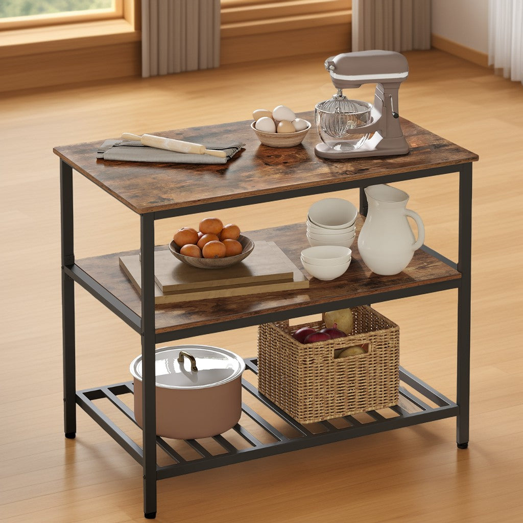 Kitchen Island with 3 Shelves, Large Worktop and Industrial Steel Frame, Multi-Purpose Kitchen Cart and Bar Table, Easy Assembly, Rustic Brown and Black