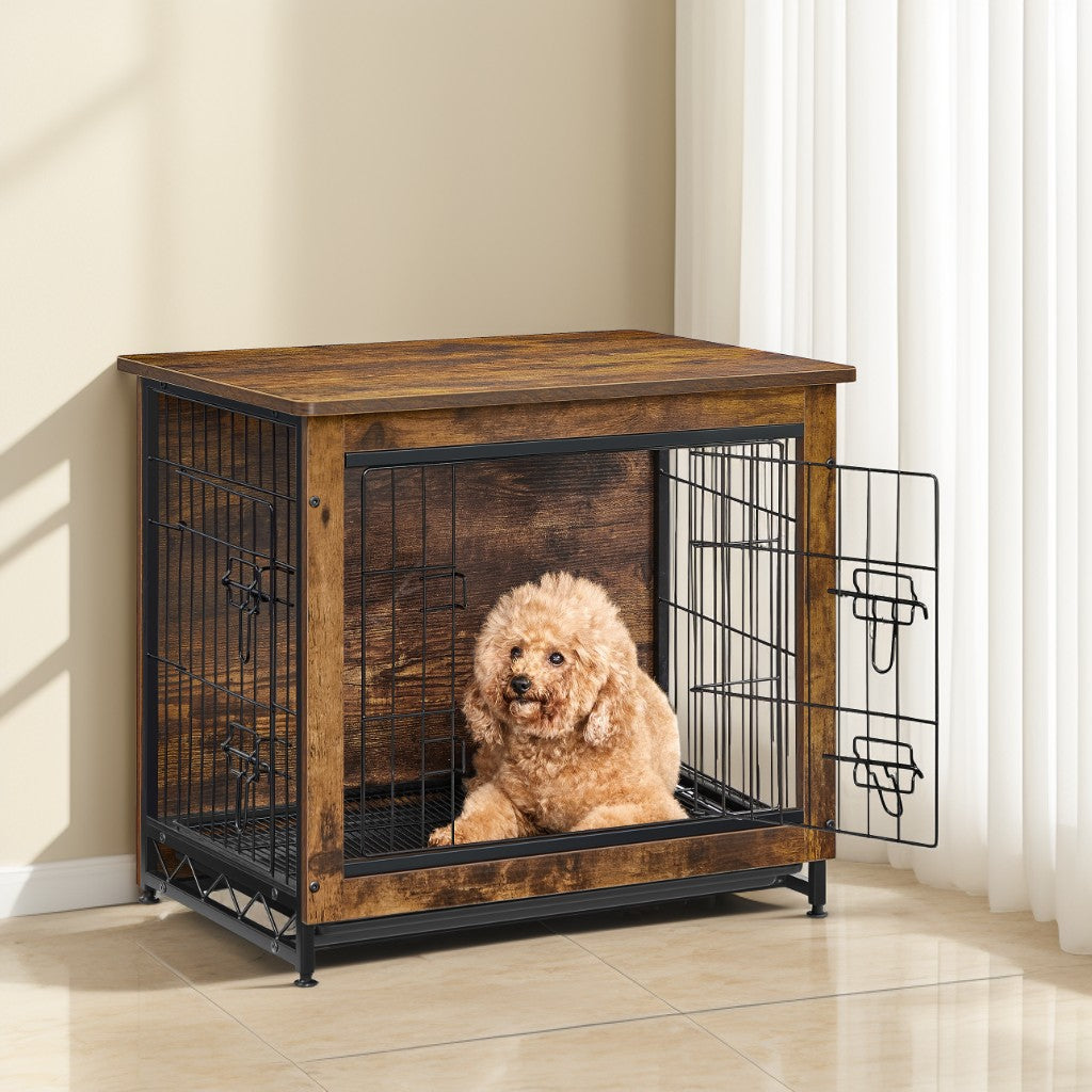 Dog Crate Furniture, 27.2-Inch Indoor Dog Kennel with Double Doors, Removable Tray, Side Table, for Small Dogs up to 30 lb, Rustic Brown