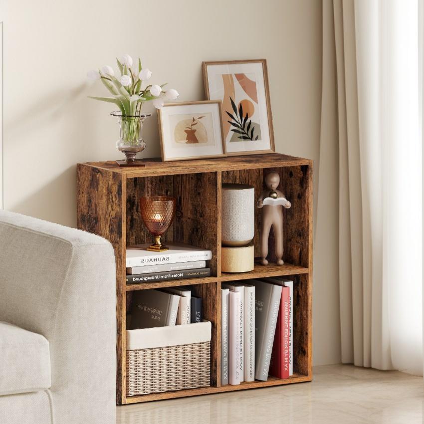 4-Compartment Cube Bookshelf with Open Storage, Multifunctional Bookcase and Display Shelf for Living Room Home Office Dining Room, Rustic Brown