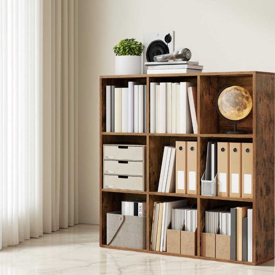 9-Compartment Cube Bookshelf with Open Storage, Multifunctional Bookcase and Display Shelf for Living Room Home Office Dining Room, Rustic Brown
