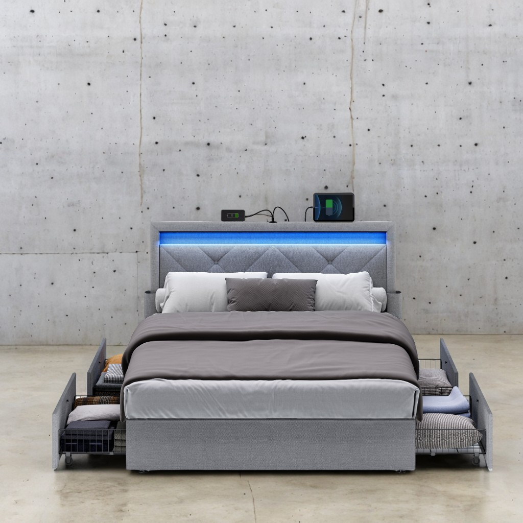 Full Size LED Platform Bed Frame, Adjustable 37.1/39.6 Inch Upholstered Headboard with 4 Drawers, 2 Charging Ports & Storage Bags, Light Gray