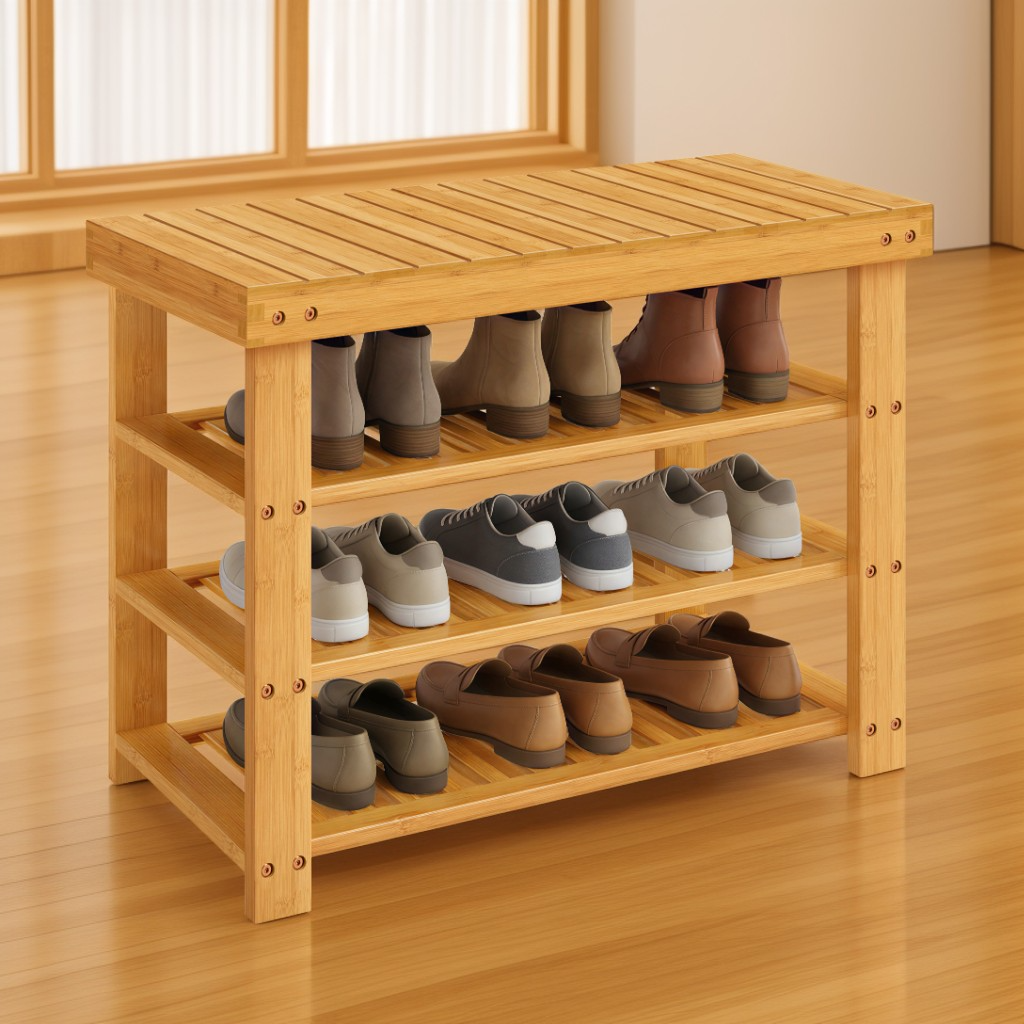 3-Tier Bamboo Shoe Rack Bench with Storage Shelves, Entryway Organizer and Seating for Multiple Rooms, Light Bamboo