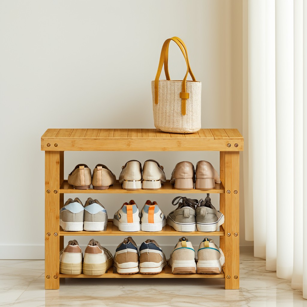 3-Tier Bamboo Shoe Rack Bench with Storage Shelves, Entryway Organizer and Seating for Multiple Rooms, Light Bamboo