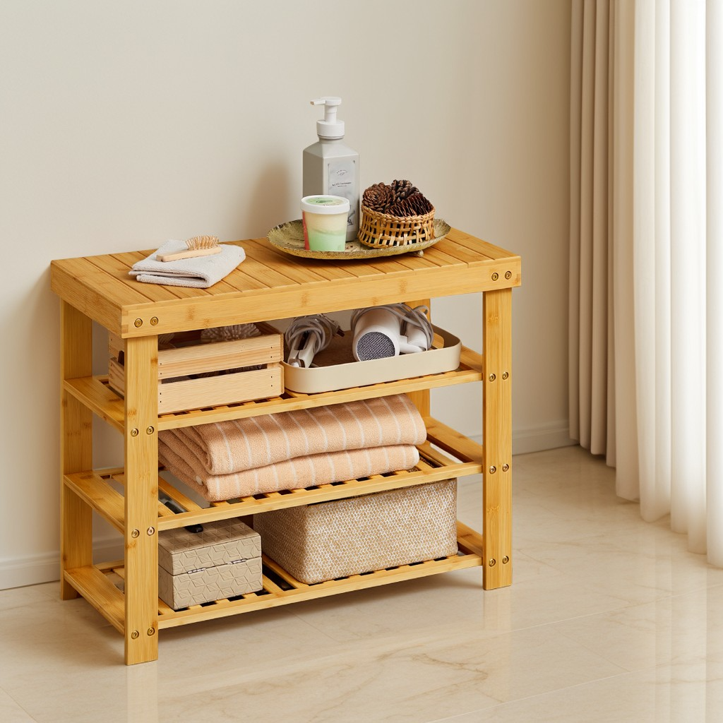 3-Tier Bamboo Shoe Rack Bench with Storage Shelves, Entryway Organizer and Seating for Multiple Rooms, Light Bamboo