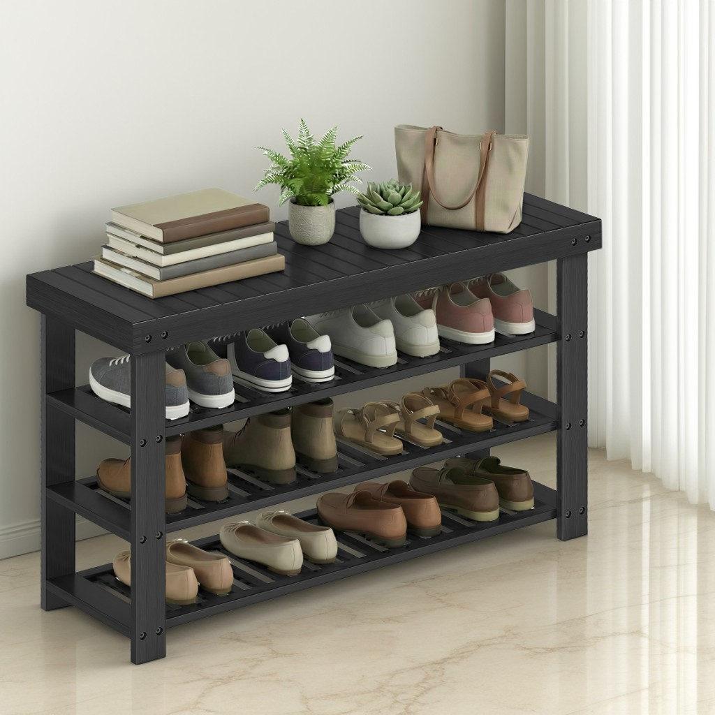 3-Tier Bamboo Shoe Storage Bench, Entryway Organizer with Seating for 12 Pairs, Multi-Use for Living Room & Bedroom, 35.2"W, Ink Black