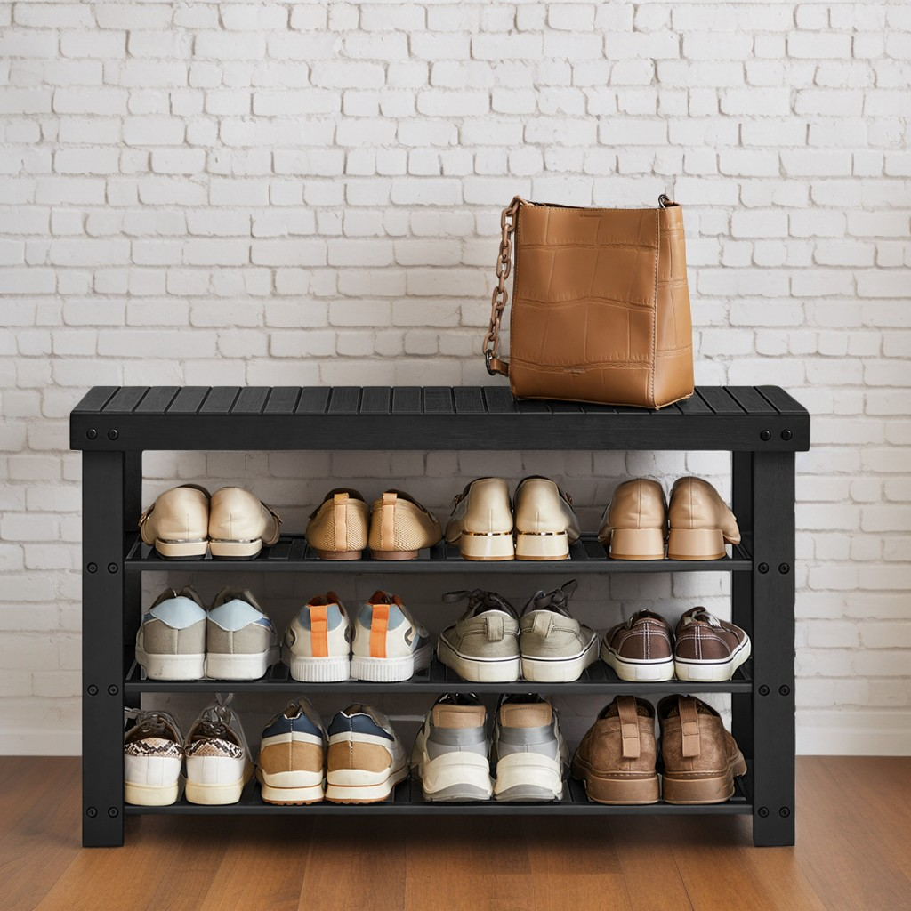 3-Tier Bamboo Shoe Storage Bench, Entryway Organizer with Seating for 12 Pairs, Multi-Use for Living Room & Bedroom, 35.2"W, Ink Black