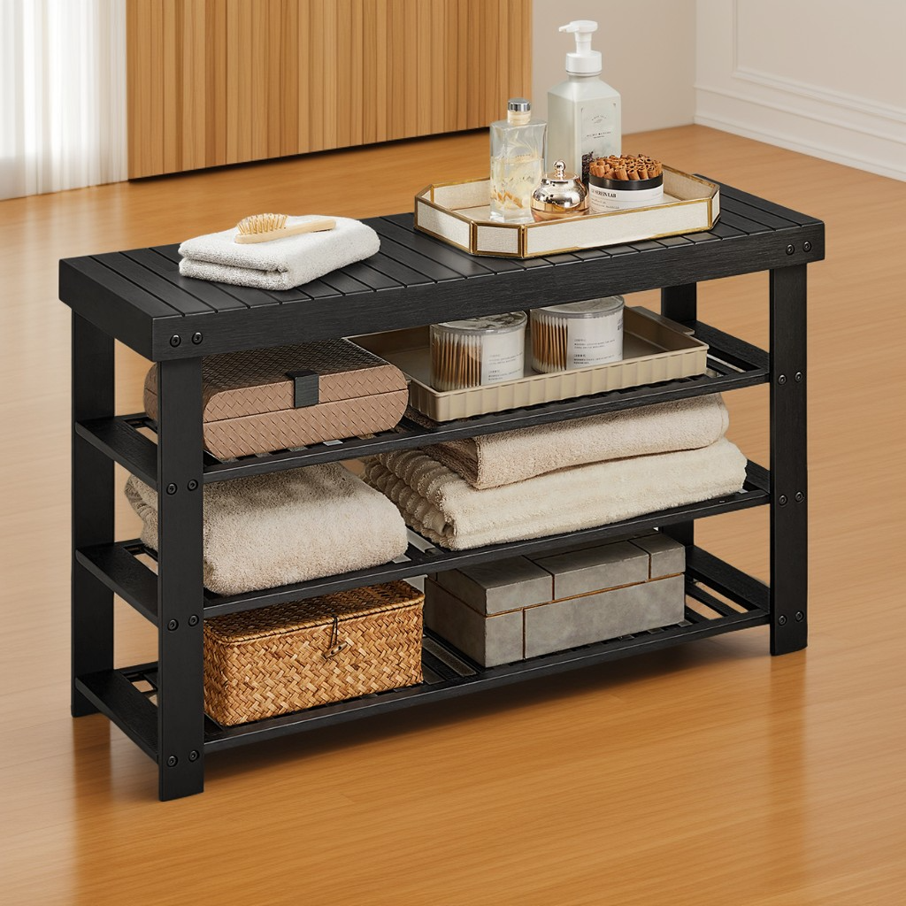 3-Tier Bamboo Shoe Storage Bench, Entryway Organizer with Seating for 12 Pairs, Multi-Use for Living Room & Bedroom, 35.2"W, Ink Black