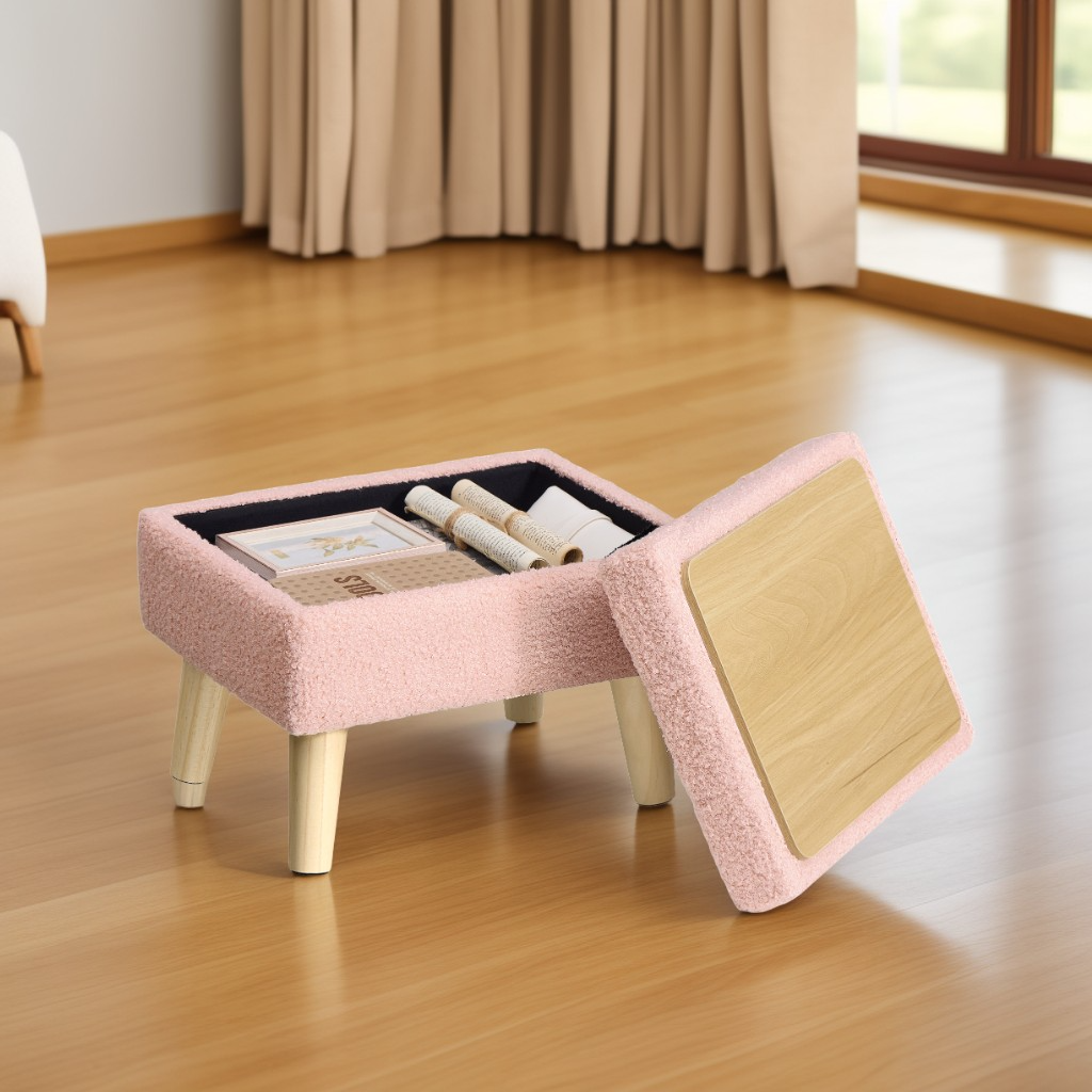 Rectangular Storage Ottoman with Teddy Fleece, 11.8 x 15.7 Inch Foot Stool and Small Table for Living Room, Jelly Pink
