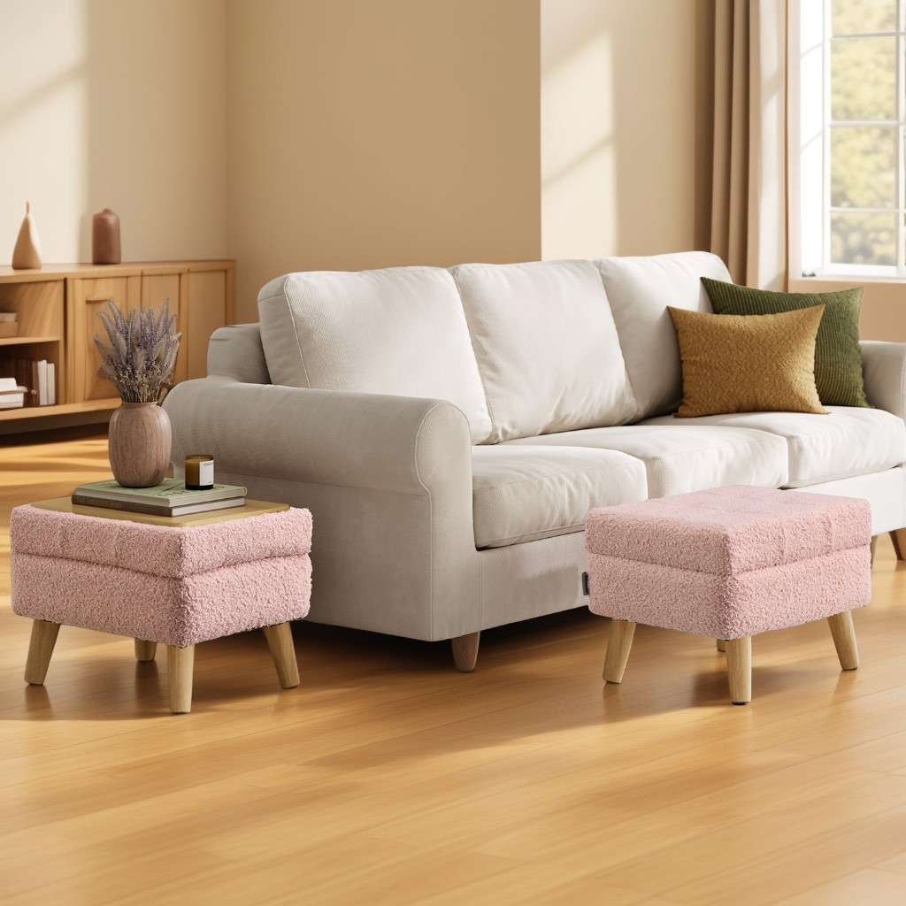 Rectangular Storage Ottoman with Teddy Fleece, 11.8 x 15.7 Inch Foot Stool and Small Table for Living Room, Jelly Pink
