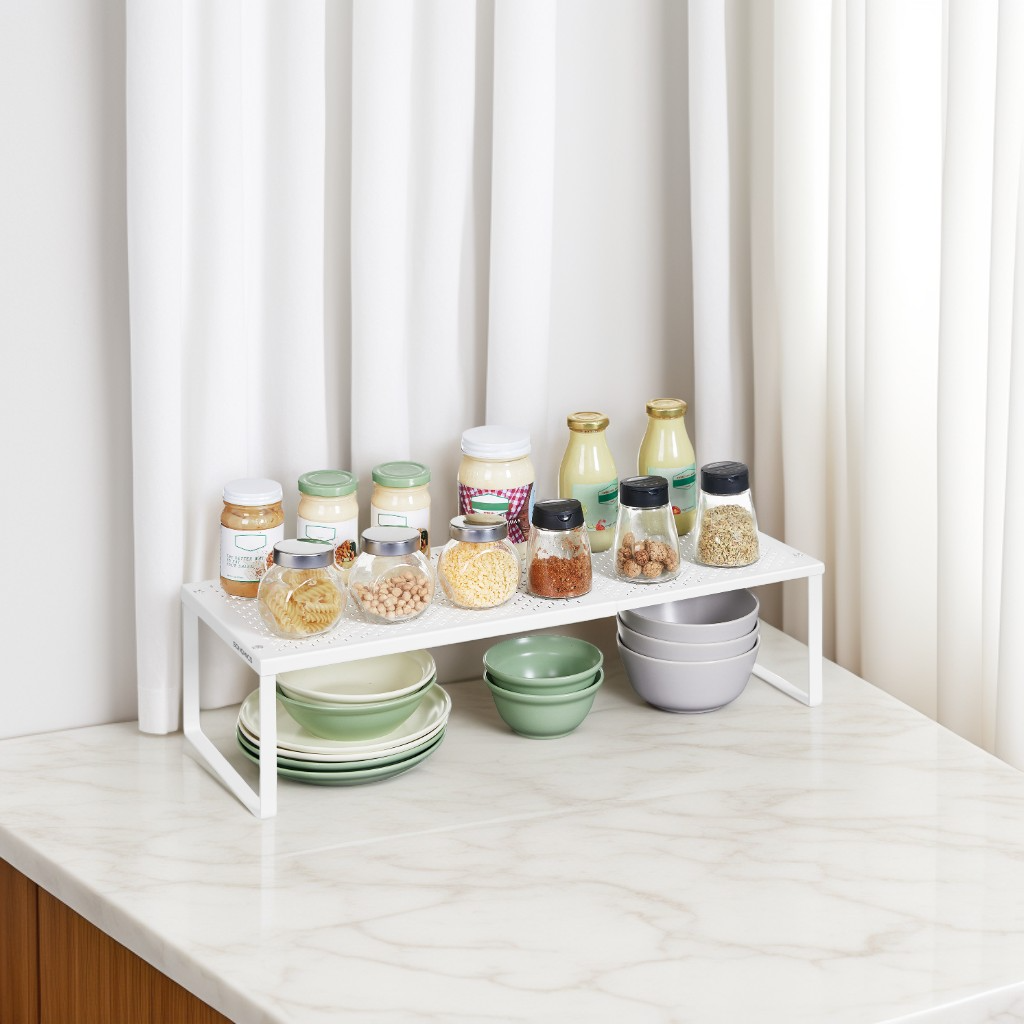 Expandable Spice Rack, Adjustable 15-23.6 Inch Metal Countertop Shelf Organizer for Kitchen, Matte White