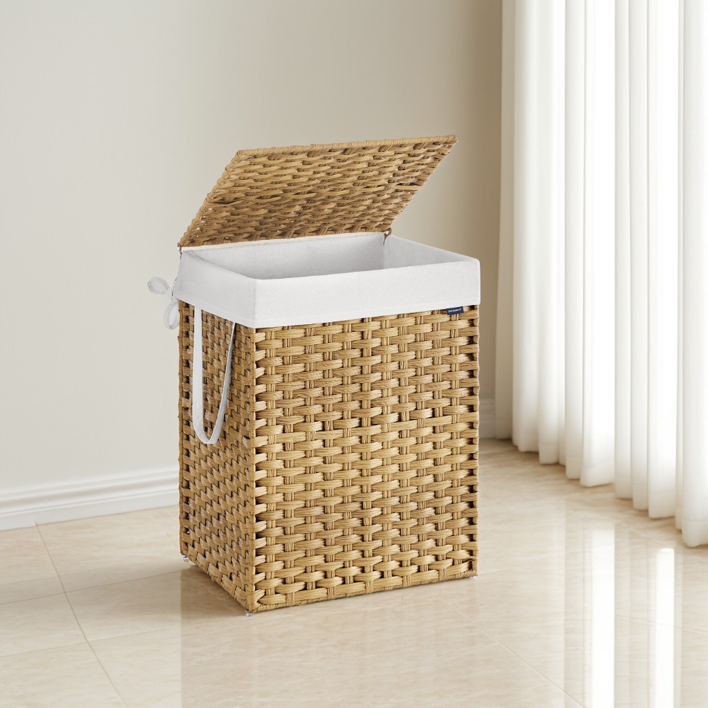 29.1 Gallon Laundry Hamper with Lid, Foldable Rattan Clothes Basket with Removable Liner, Space-Saving Design, Goose Yellow
