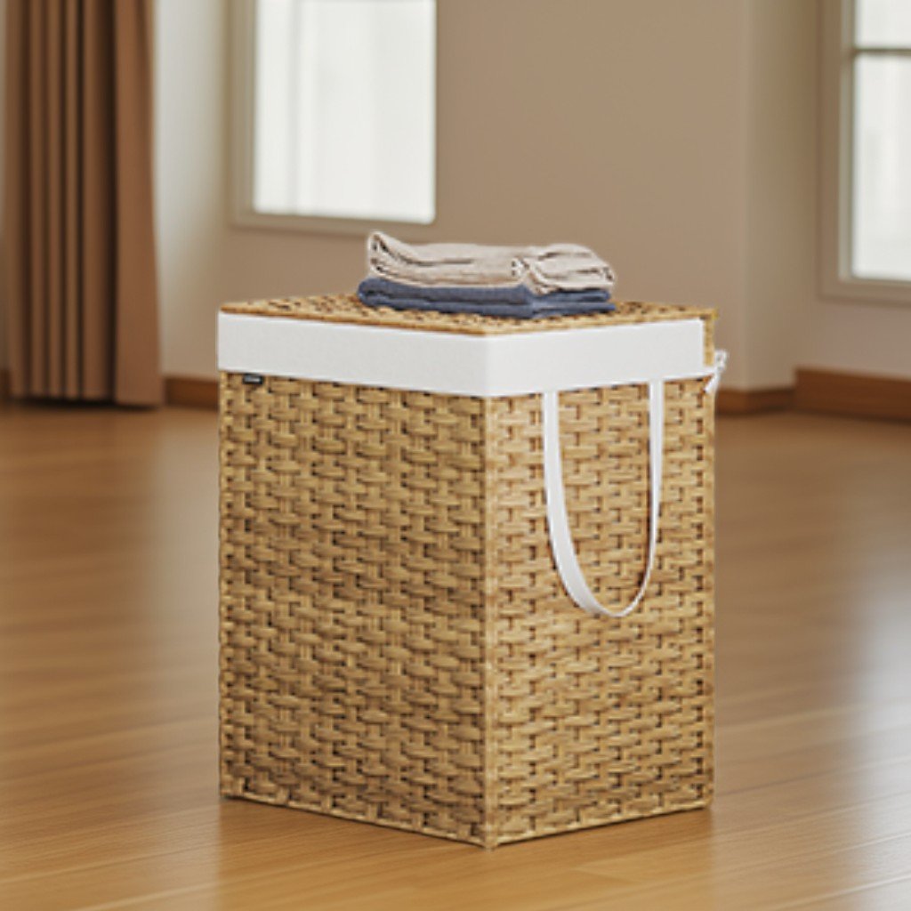 29.1 Gallon Laundry Hamper with Lid, Foldable Rattan Clothes Basket with Removable Liner, Space-Saving Design, Goose Yellow