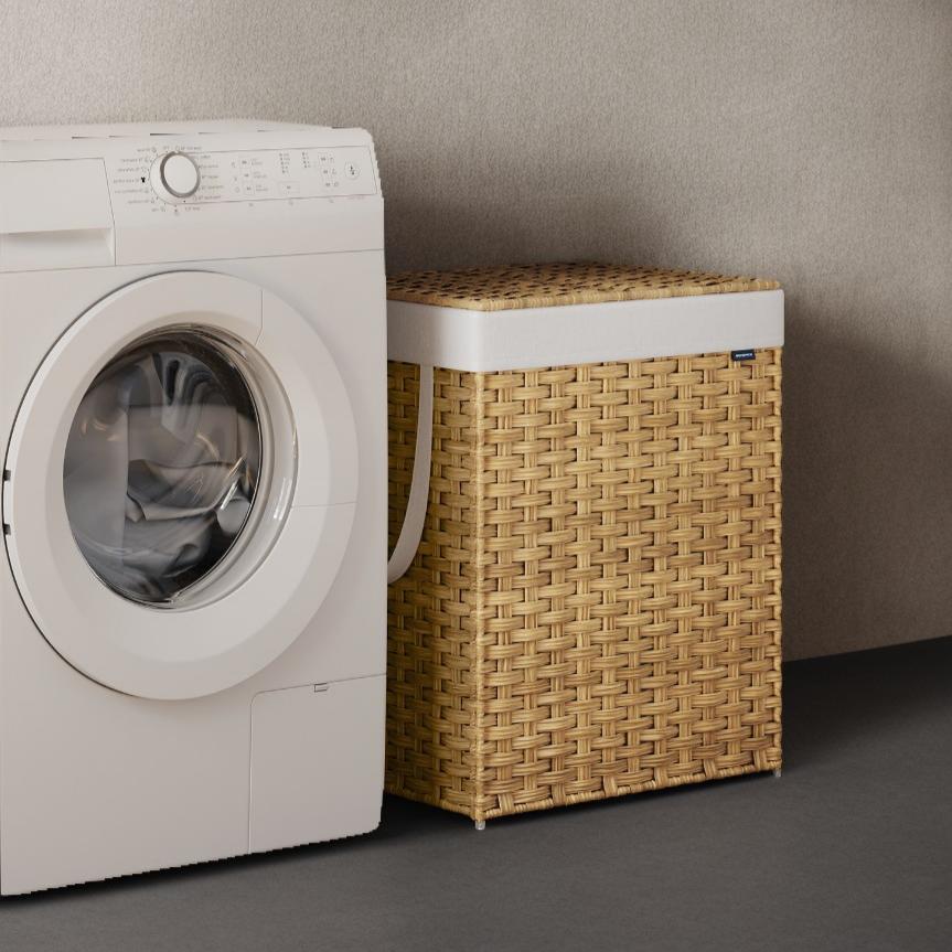 29.1 Gallon Laundry Hamper with Lid, Foldable Rattan Clothes Basket with Removable Liner, Space-Saving Design, Goose Yellow