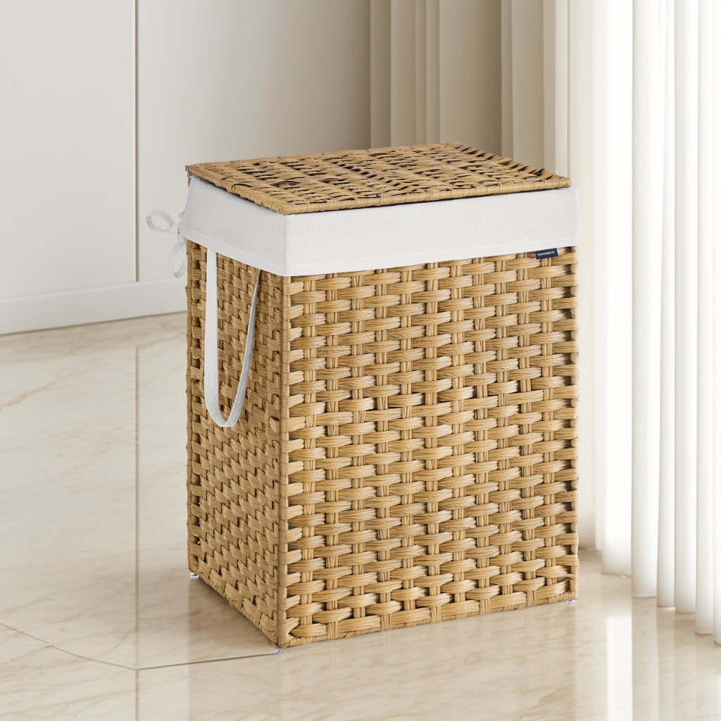 29.1 Gallon Laundry Hamper with Lid, Foldable Rattan Clothes Basket with Removable Liner, Space-Saving Design, Goose Yellow