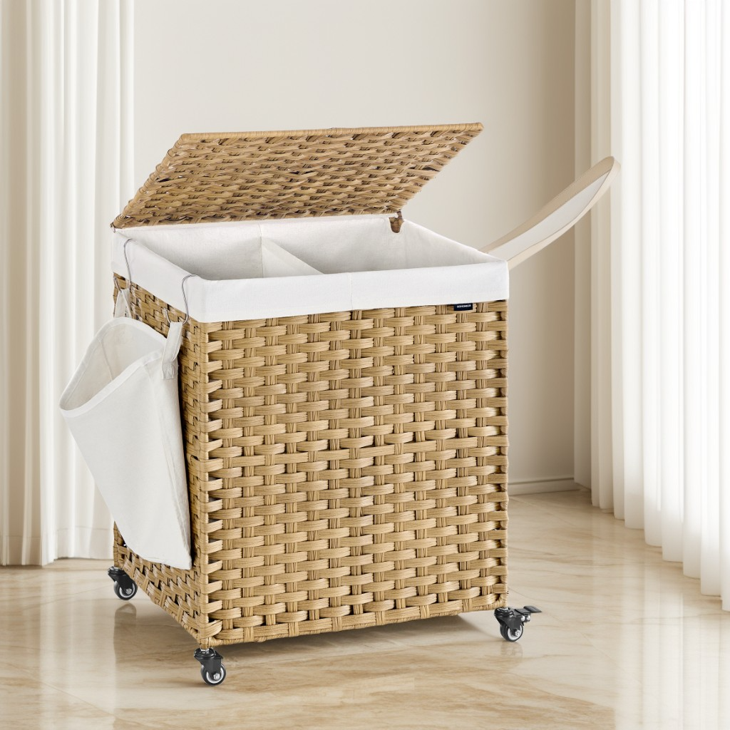 38.3 Gallon Rolling Laundry Hamper with Wheels, 2-Section Laundry Basket with Removable Liner, Synthetic Rattan, Natural Color