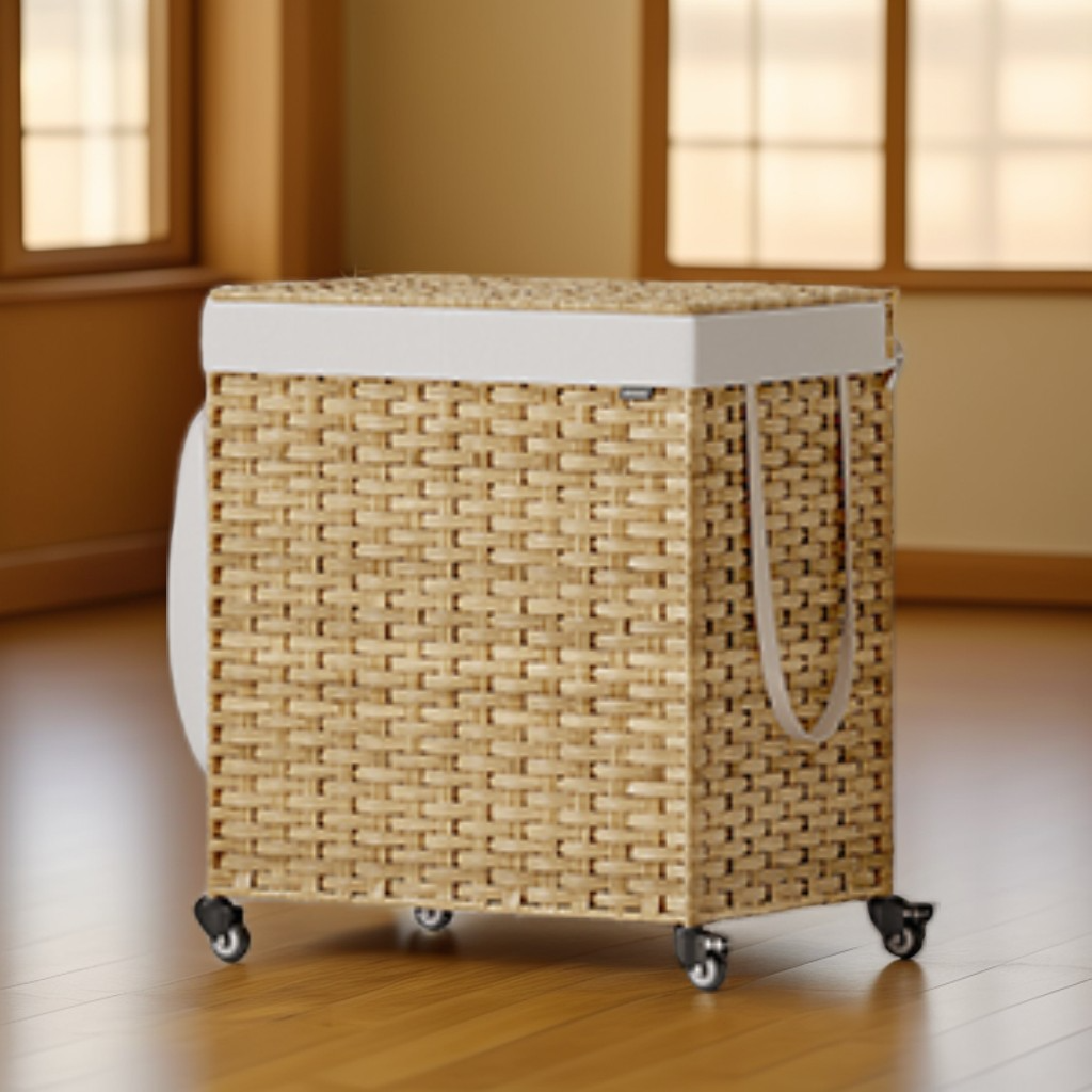 38.3 Gallon Rolling Laundry Hamper with Wheels, 2-Section Laundry Basket with Removable Liner, Synthetic Rattan, Natural Color